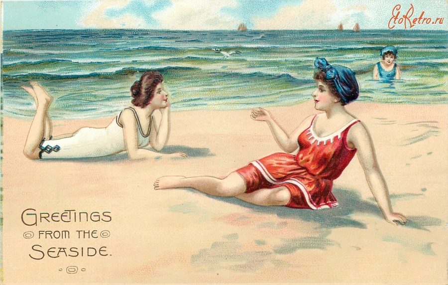 Ретро открытки - Две девушке на морском песке
