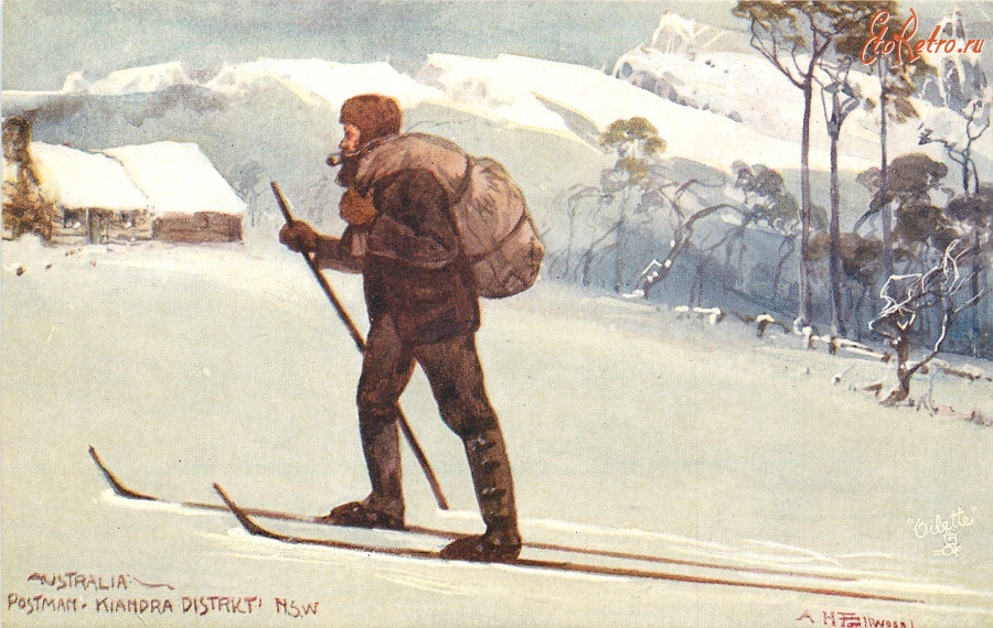 Ретро открытки - Почтальон на лыжах в зимних горах