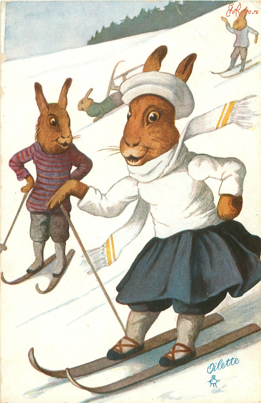Ретро открытки - Кролики на лыжах на горном склоне