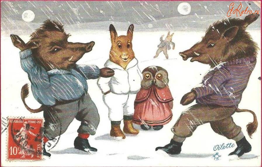 Ретро открытки - Игра в снежки