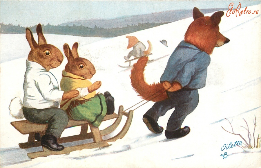 Ретро открытки - Лиса и два кролика на санках