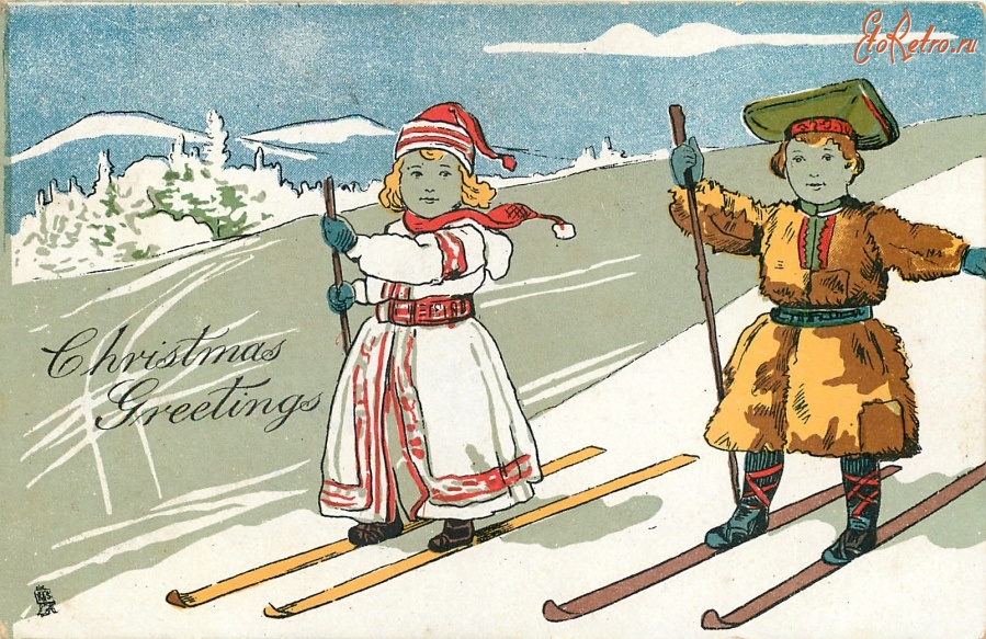 Ретро открытки - Рождество в Норвегии. Лыжная прогулка