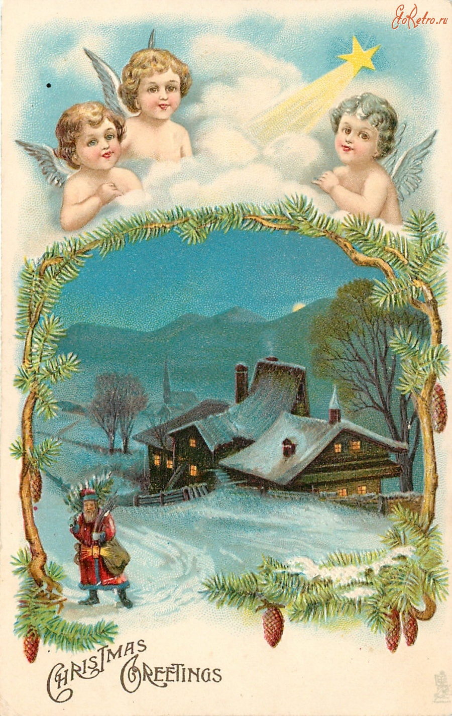 Ретро открытки - Рождественские ангелы, Санта и зимняя деревня