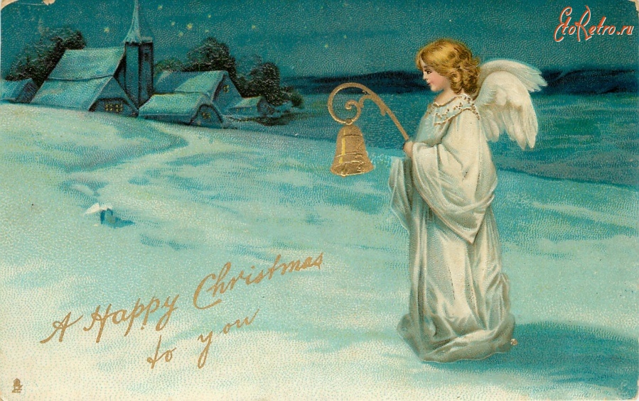 Ретро открытки - Ангел, рождественский колокол и зимняя деревня