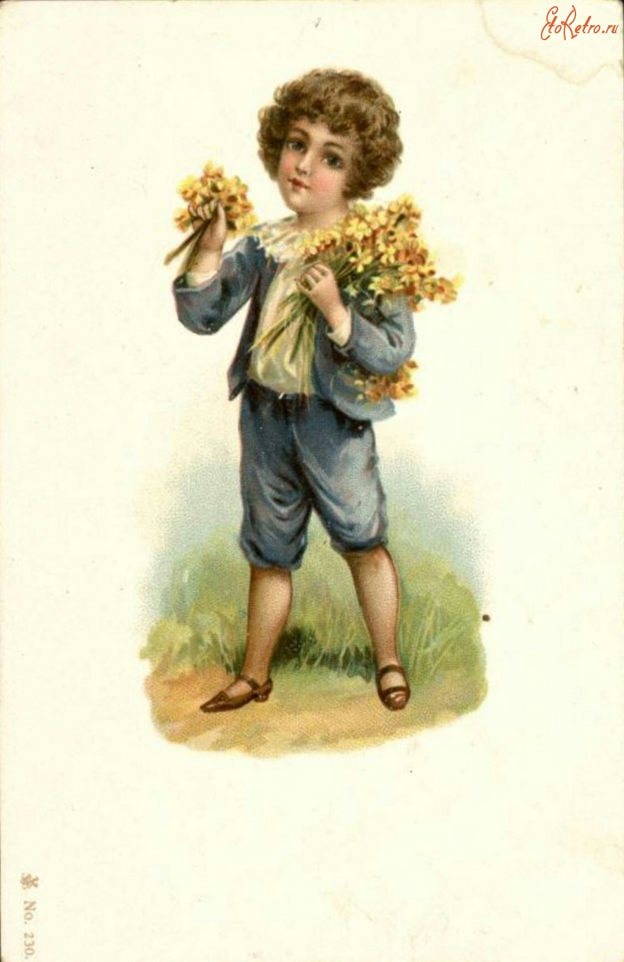 Ретро открытки - Мальчик с букетом жёлтых цветов