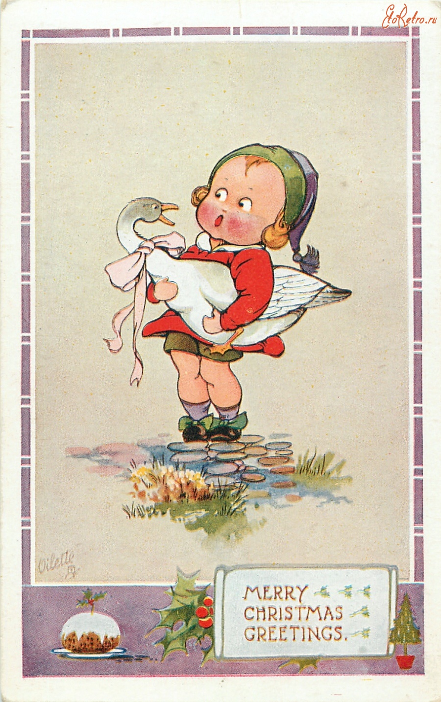 Ретро открытки - Девочка и рождественский гусь