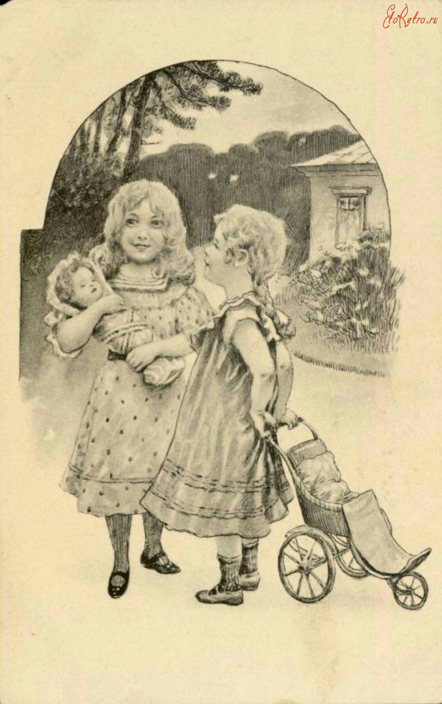 Ретро открытки - Девочки с куклой