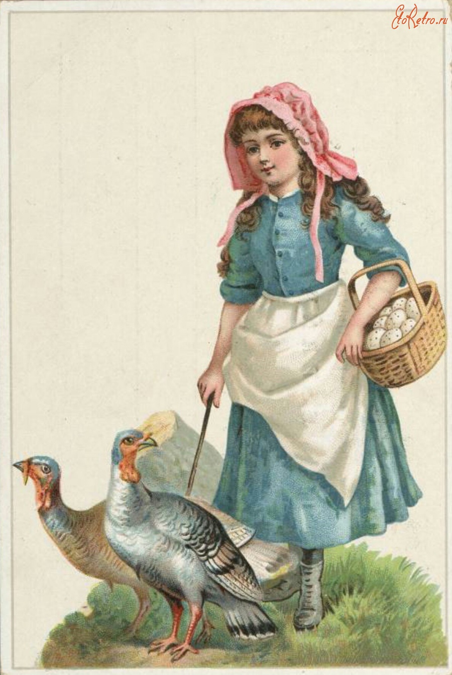 Ретро открытки - Девочка с корзиной яиц и два индюка