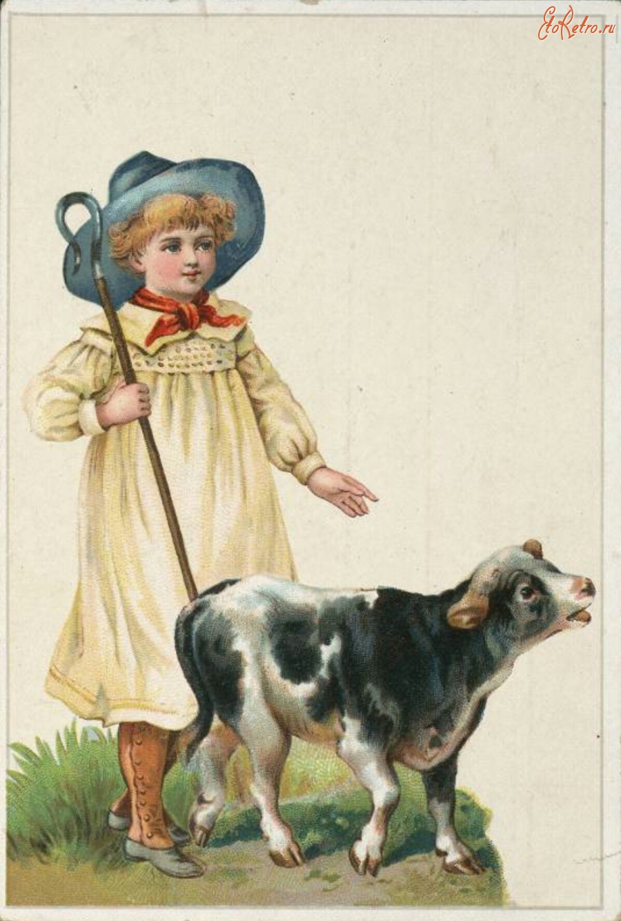 Ретро открытки - Девочка и телёнок
