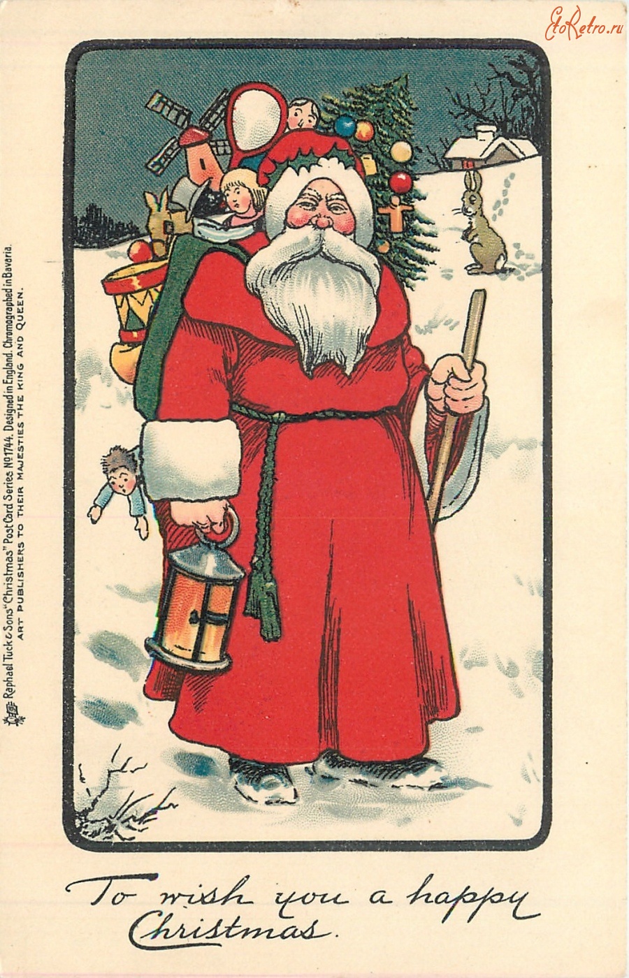 Ретро открытки - Санта Клаус с фонарём и игрушками