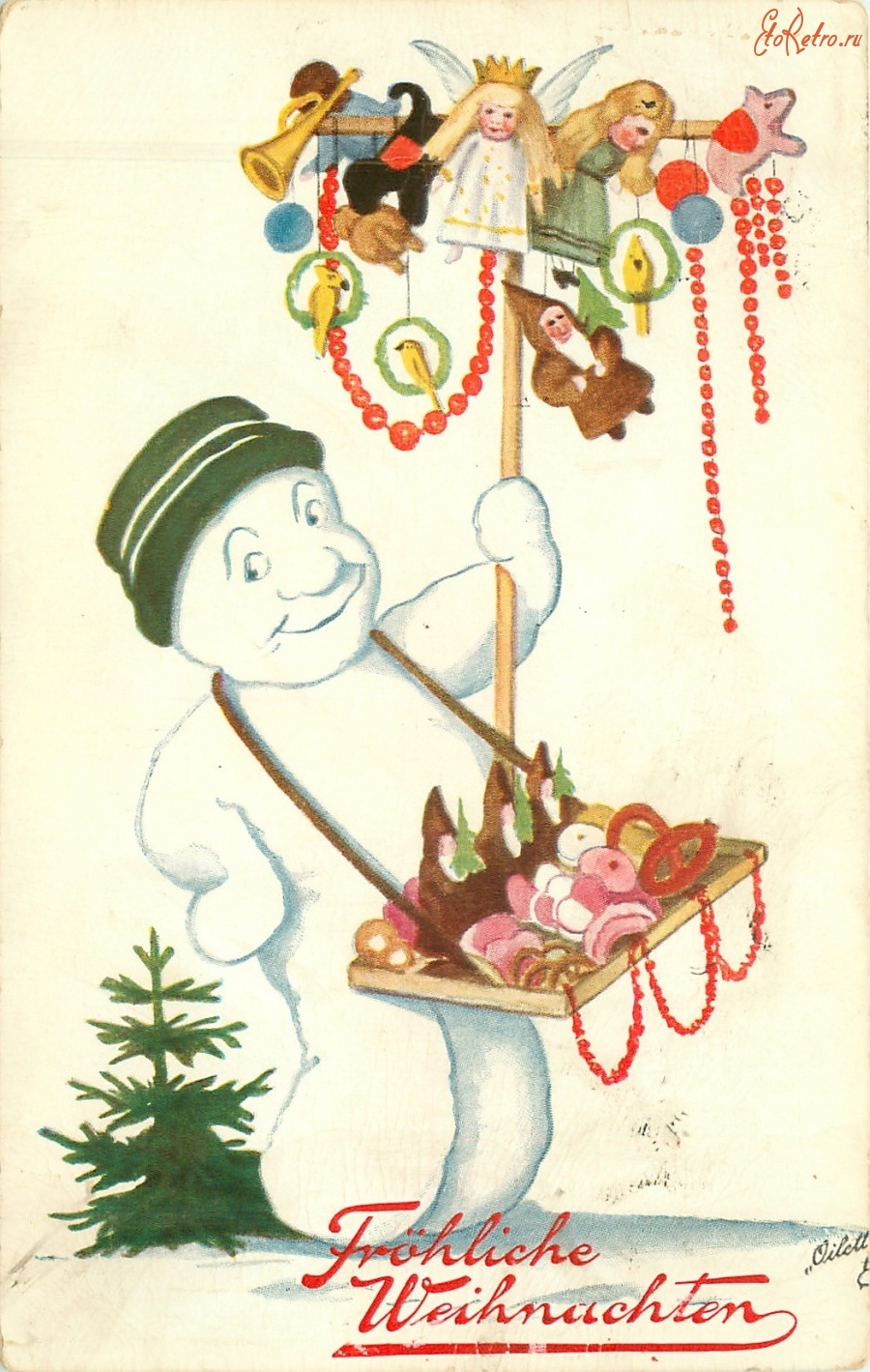 Ретро открытки - Снеговик-коробейник с игрушками и конфетами