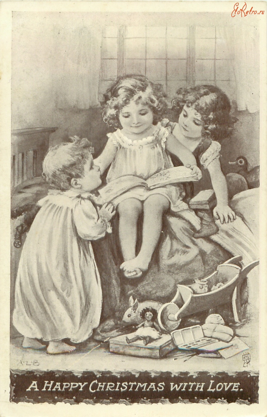 Ретро открытки - Дети с игрушками и книгой