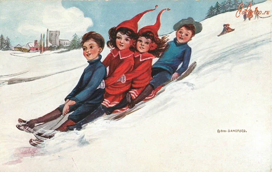 Ретро открытки - На снежной горке