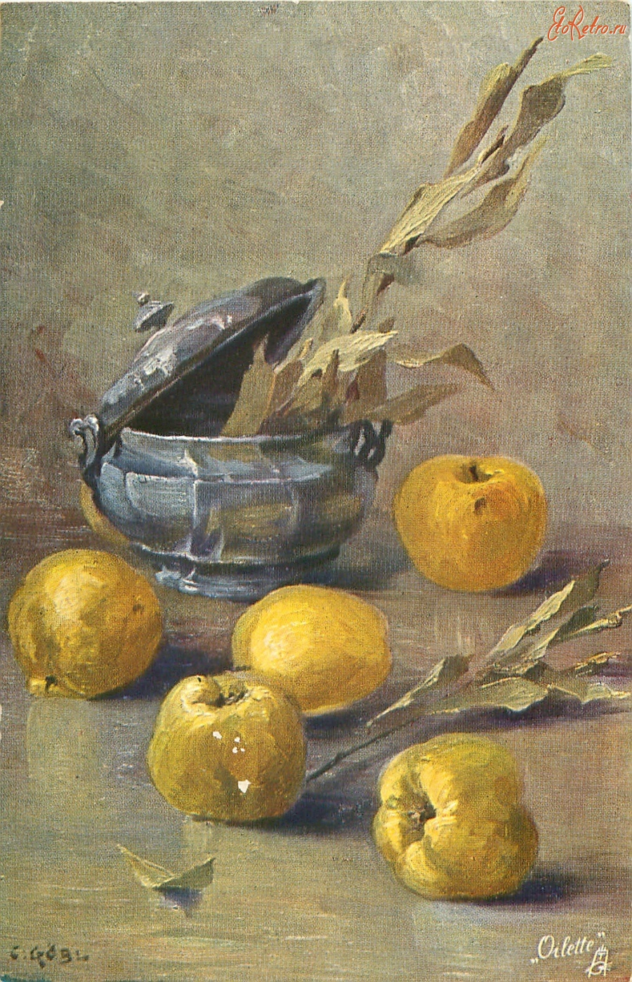 Ретро открытки - Яблоки на столе и голубая ваза