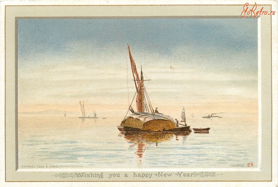 Ретро открытки - С Новым Годом. Лодки на закате