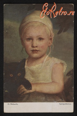 Ретро открытки - Ретро-поштівка.  Дівчинка з котом. Німецьке малярство.