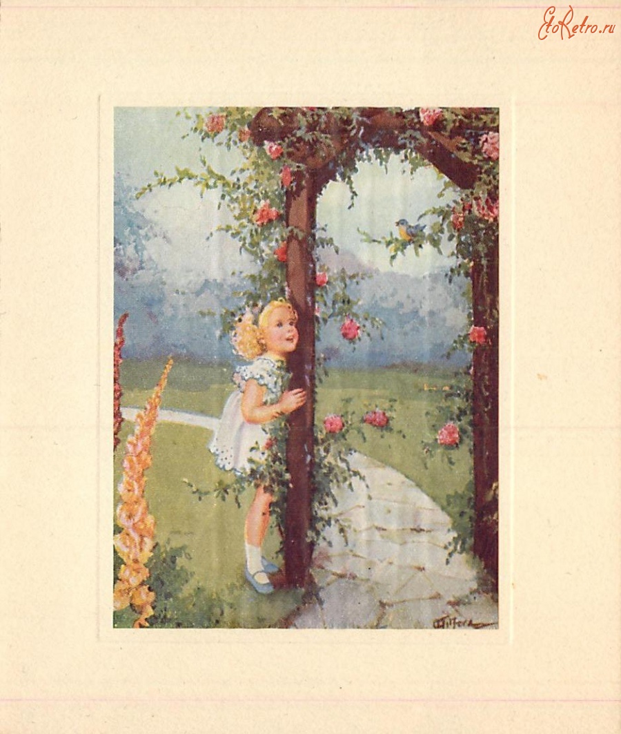 Ретро открытки - Девочка перед розовой беседкой и лазоревка