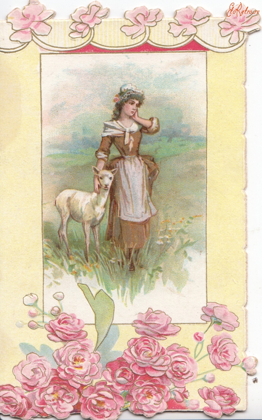 Ретро открытки - Девушка на лугу с белым ягнёнком
