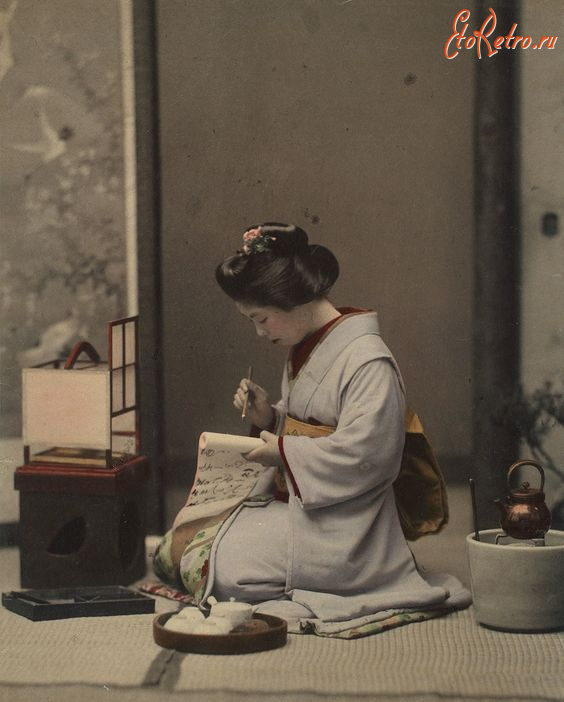 Ретро открытки - Японія.  Жінка пиши листа.