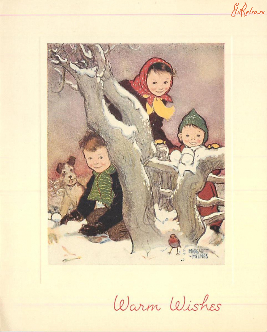 Ретро открытки - Дети за деревом и игра в снежки