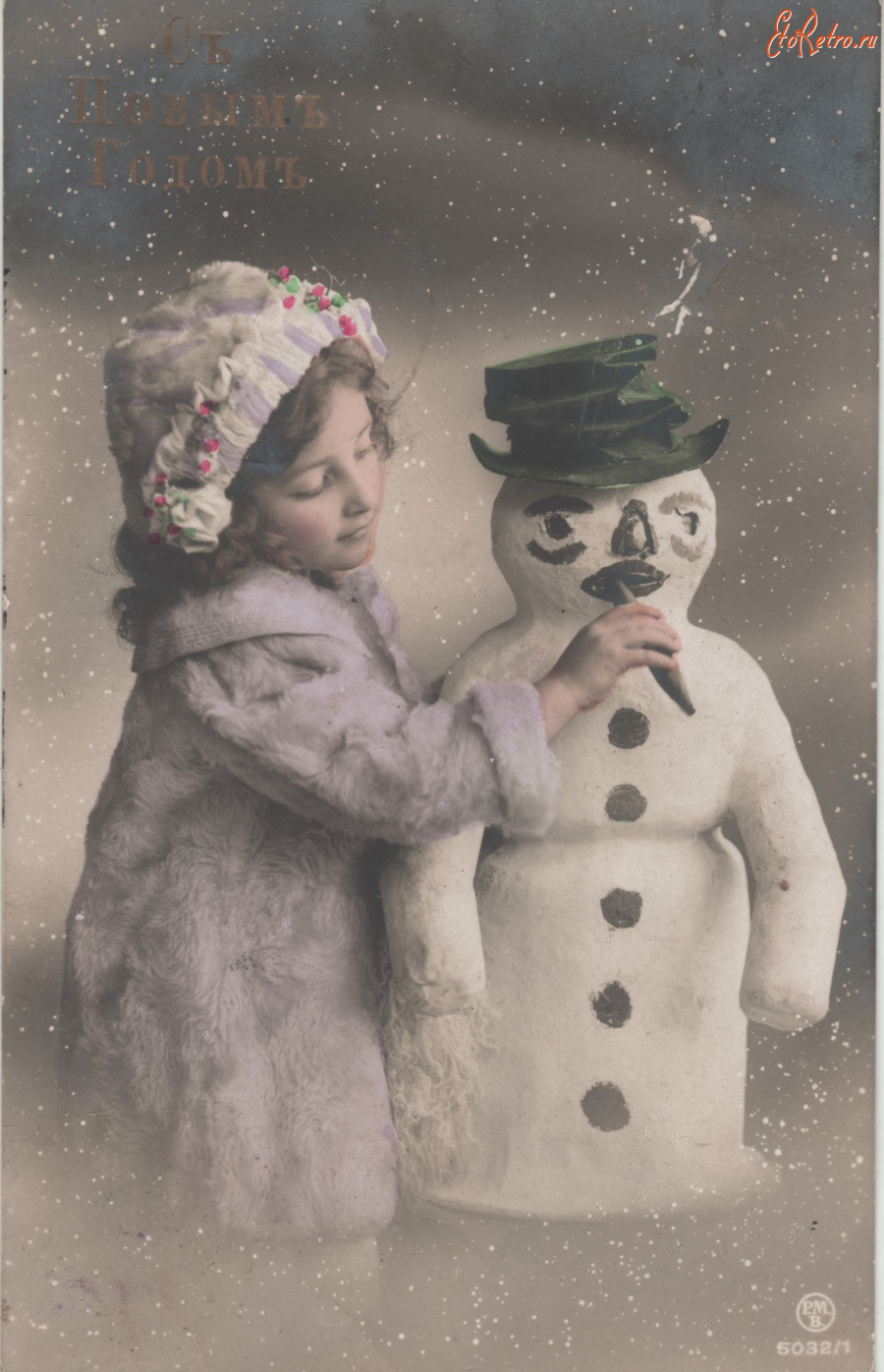 Ретро открытки - Девочка и снеговик
