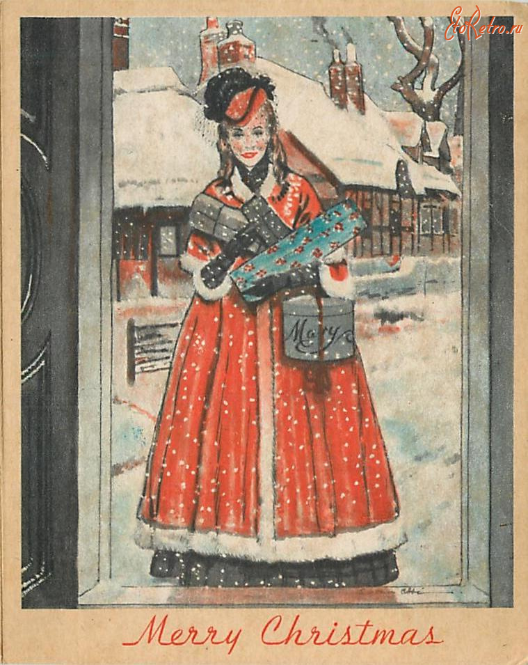 Ретро открытки - Рождественские гости, Женщина в красном с подарками