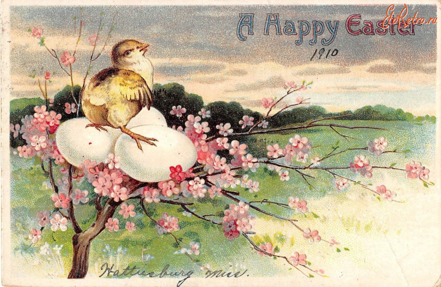 Ретро открытки - Счастливой Пасхи, Цыплёнок и цветущее дерево