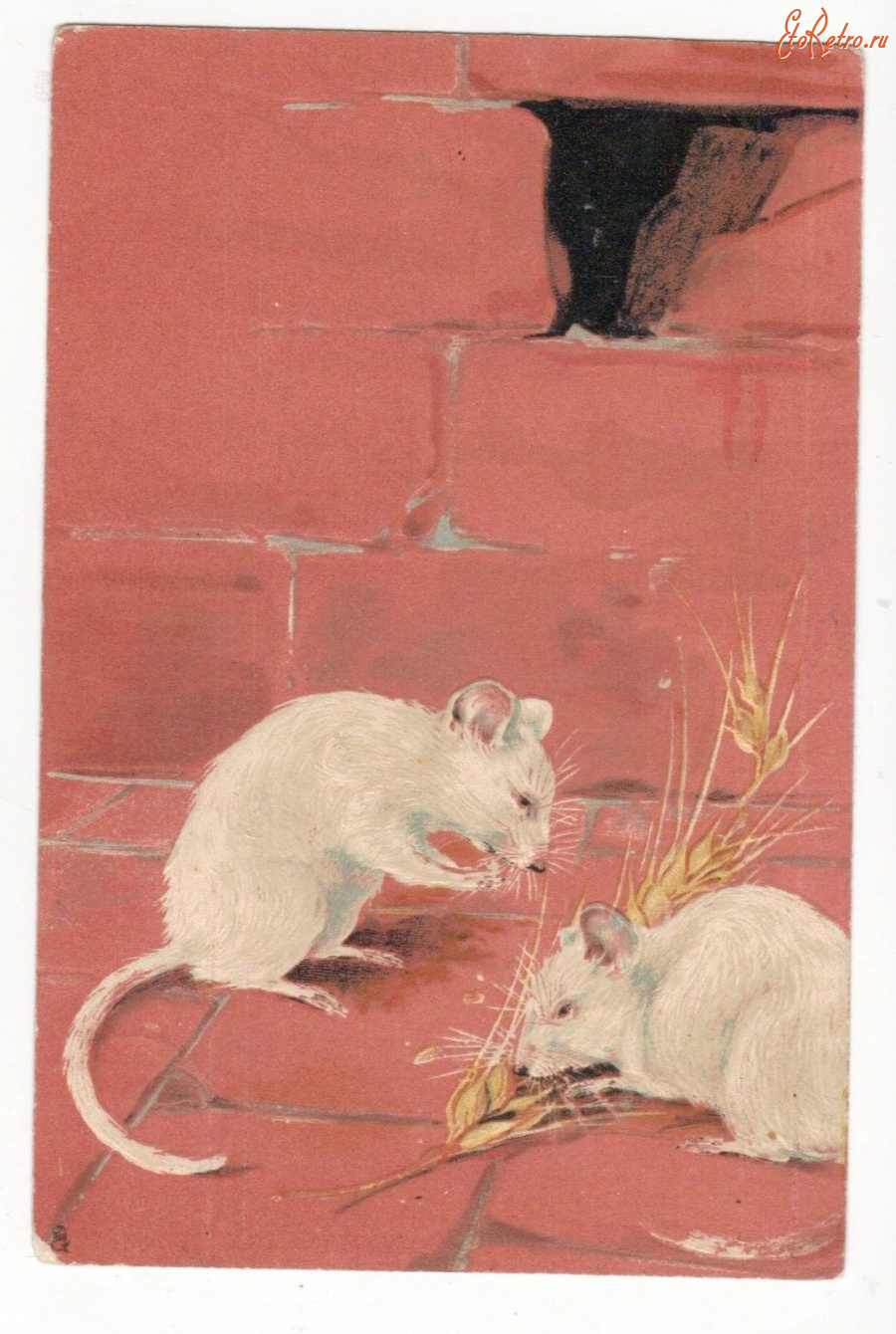 Ретро открытки - Две мыши и пшеничный колосок