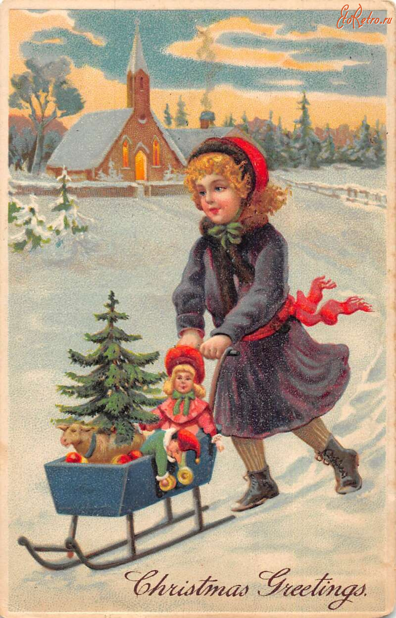 Ретро открытки - Рождество, Девочка с игрушками в санках
