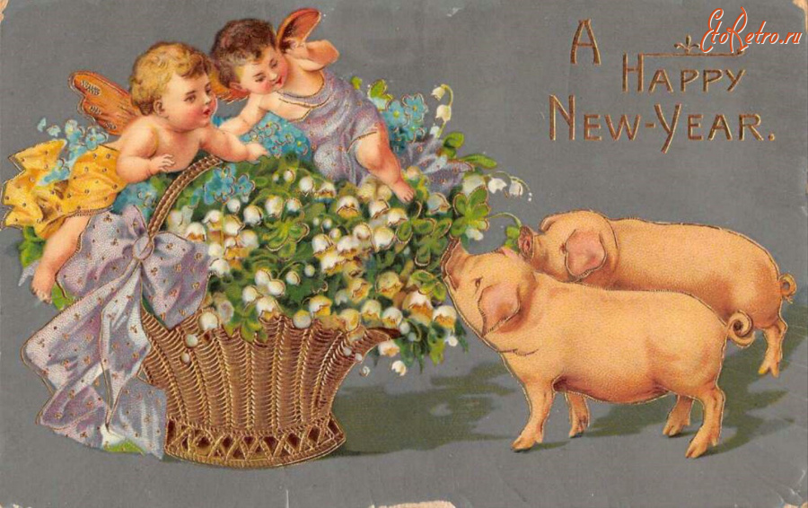 Ретро открытки - С Новым Годом, Ангелы, цветочная корзина и свинки