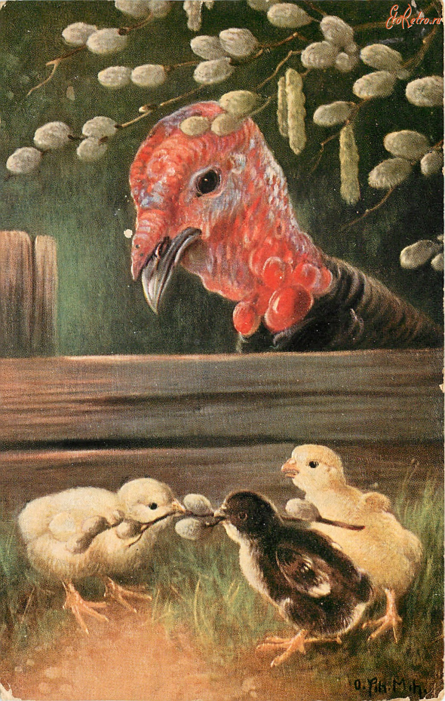 Ретро открытки - Три цыплёнка, индейка и ветка вербы