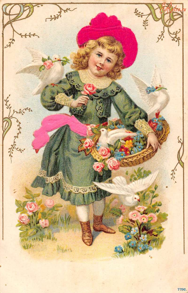 Ретро открытки - Девочка с голубями и цветочной корзинкой
