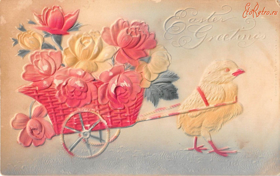 Ретро открытки - Пасхальные поздравления. Цыплёнок и цветочная тележка