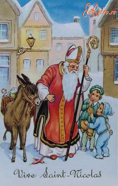 Ретро открытки - Ретро-поштівка.  Святий Миколай вітає діток.