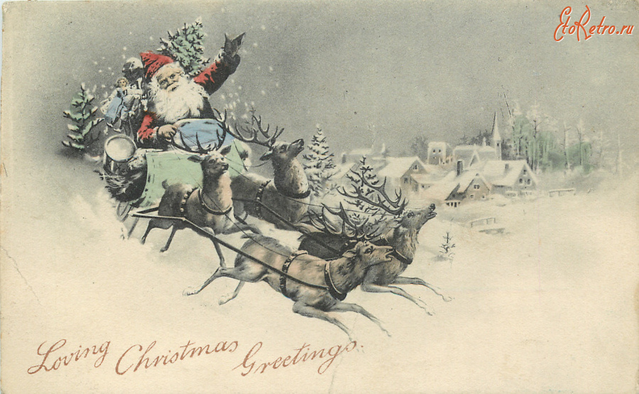 Ретро открытки - Санта Клаус и оленья упряжка