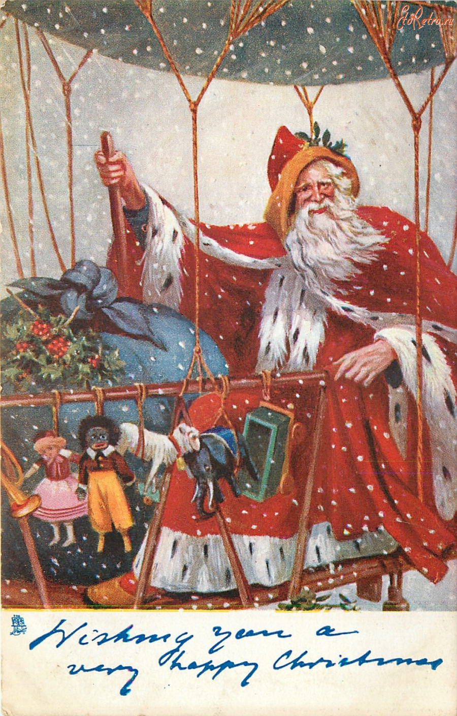 Ретро открытки - Рождество и Новый Год. Санта в корзине дирижабля