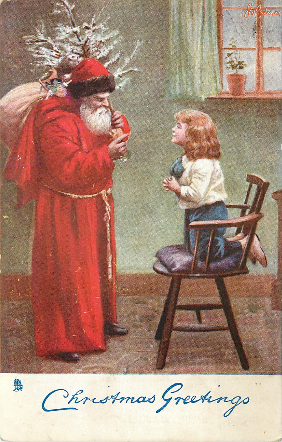 Ретро открытки - Рождество и Новый Год. Санта с ёлкой и мальчик на стуле