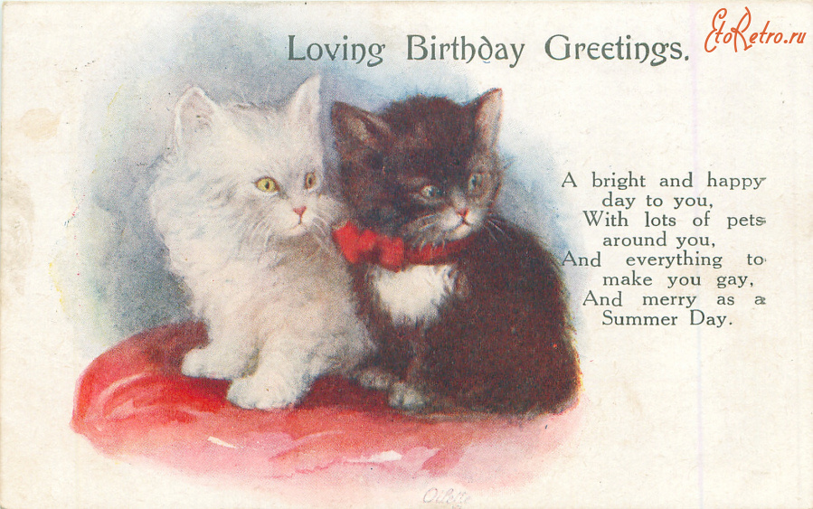 Ретро открытки - Два котёнка. День Рождения в летний день