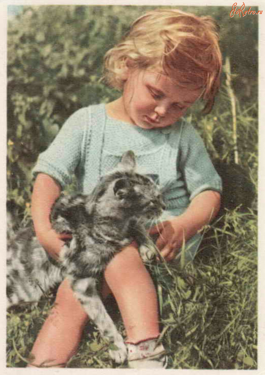 Ретро открытки - Девочка с кошкой. Портрет девочки. Дети и животные