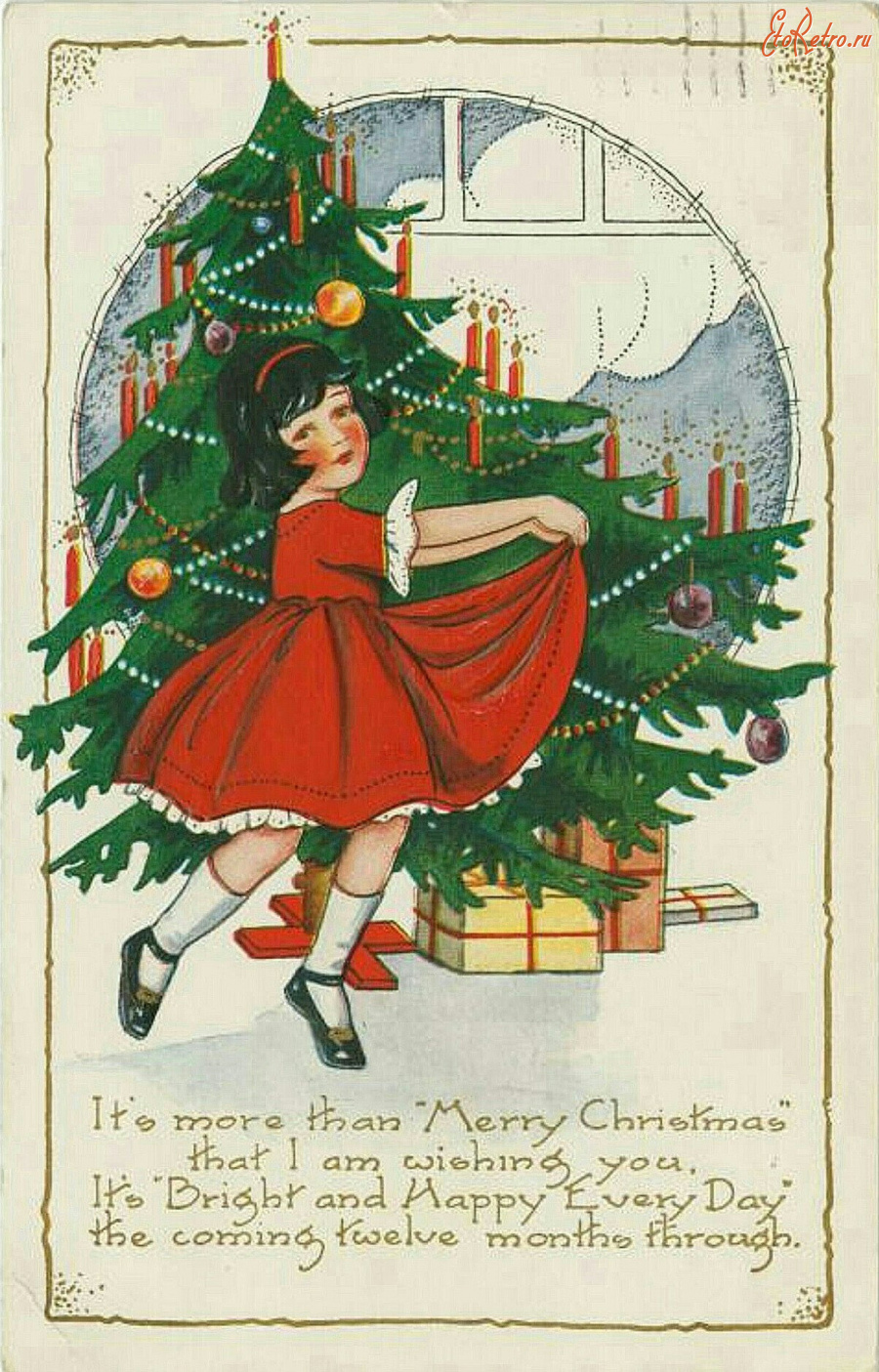 Ретро открытки - Счастливого Рождества. Девочка в красном платье