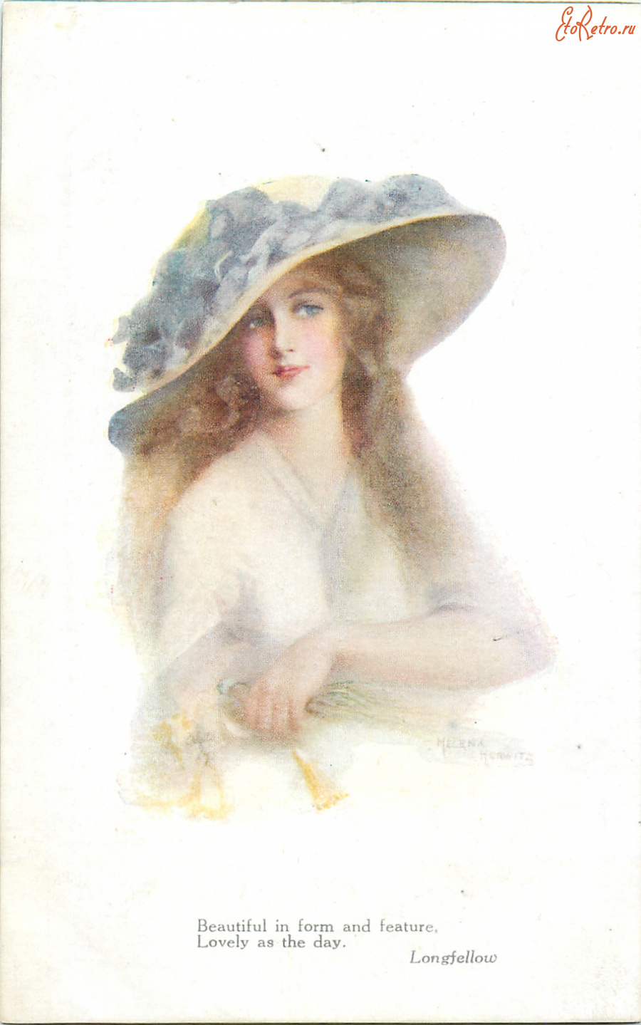 Ретро открытки - Девушка в шляпе с голубой лентой