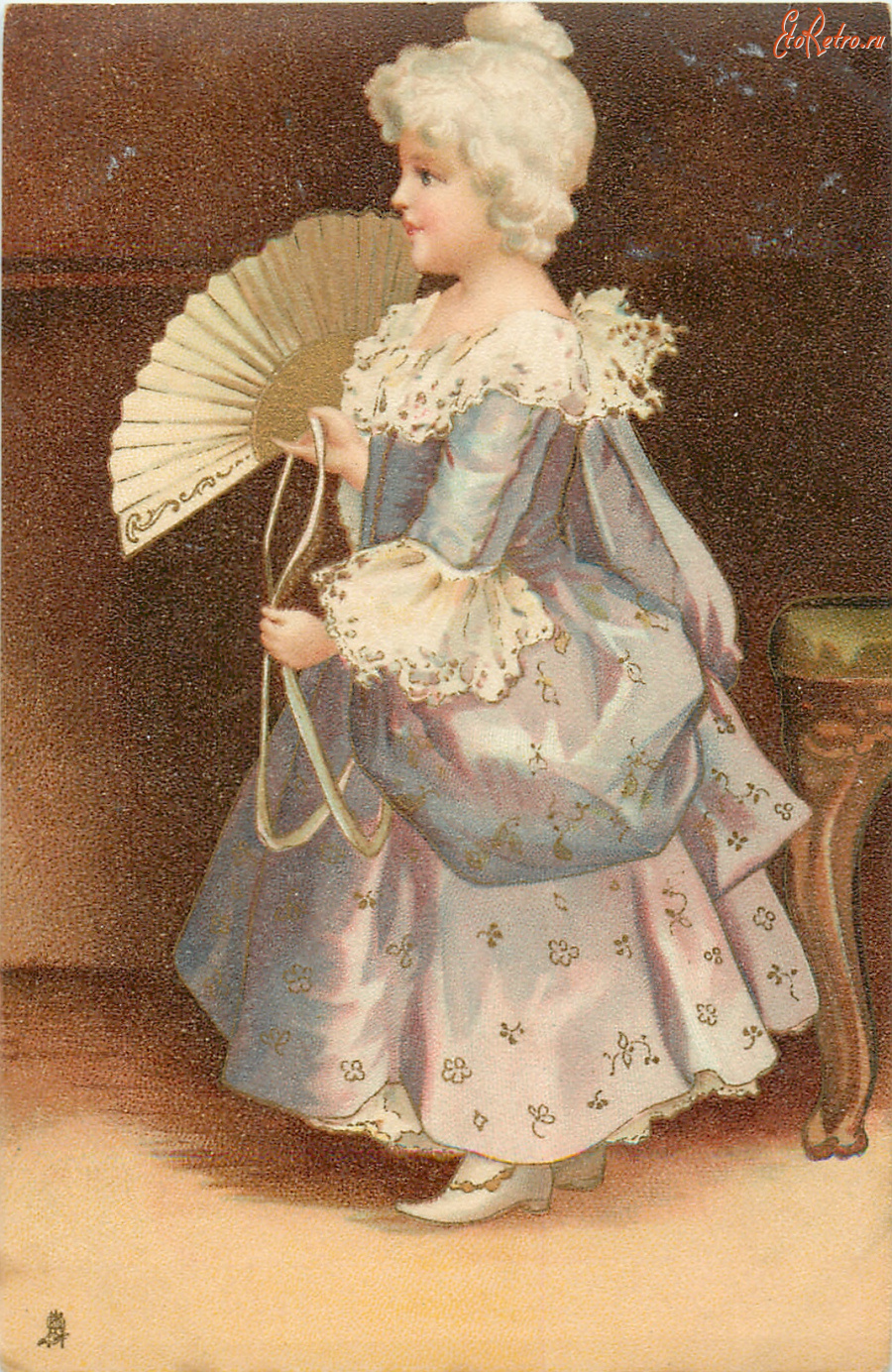 Ретро открытки - Девочка в голубом платье с веером