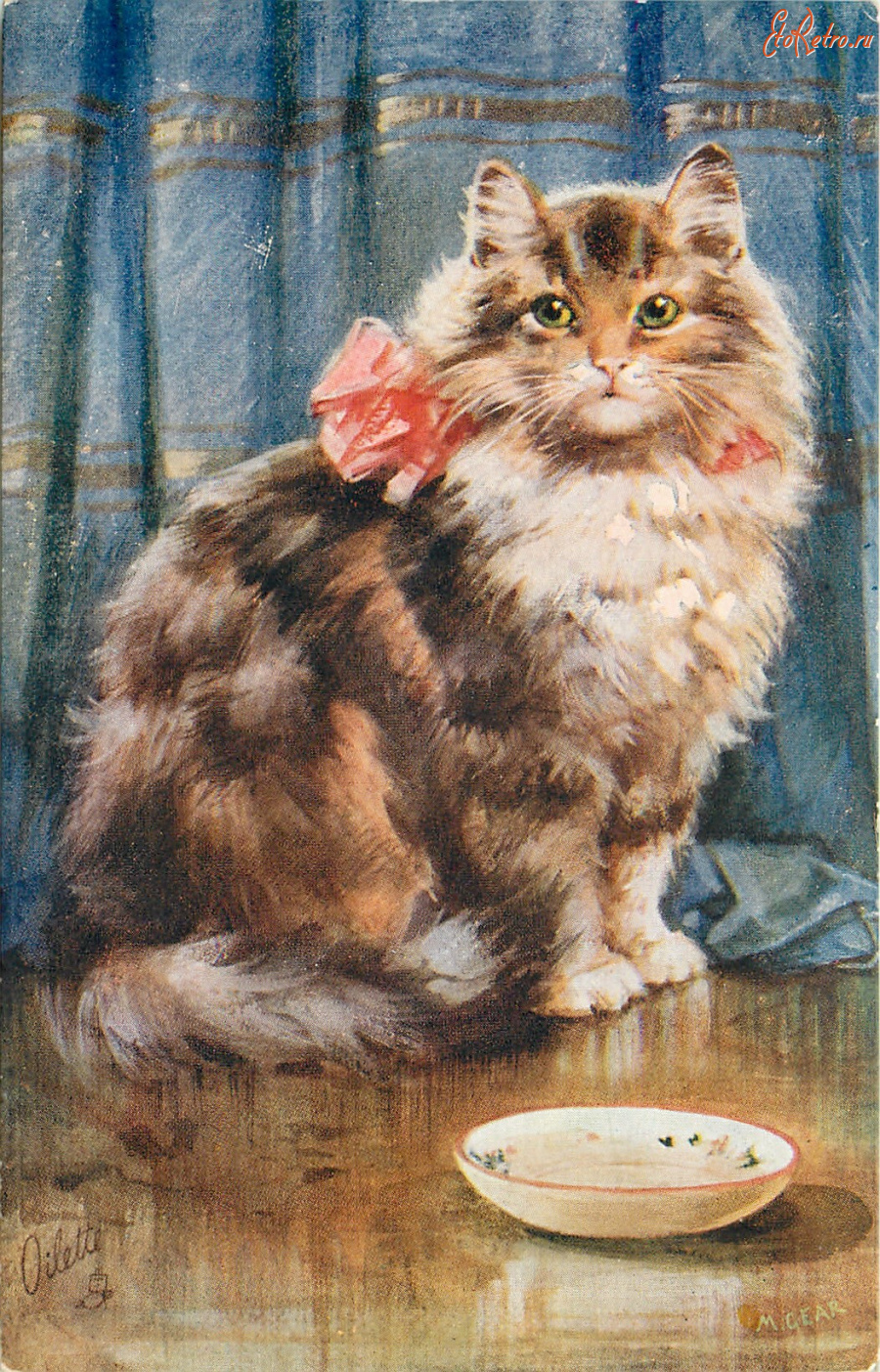 Ретро открытки - М. Гир. Персидская кошка с розовым бантиком
