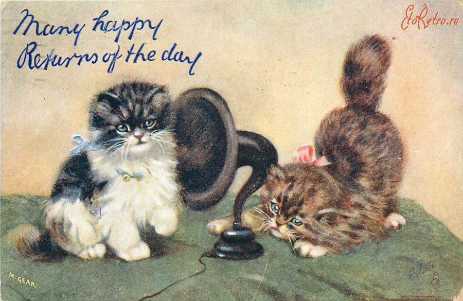 Ретро открытки - М. Гир. Два персидских котёнка и громкоговоритель