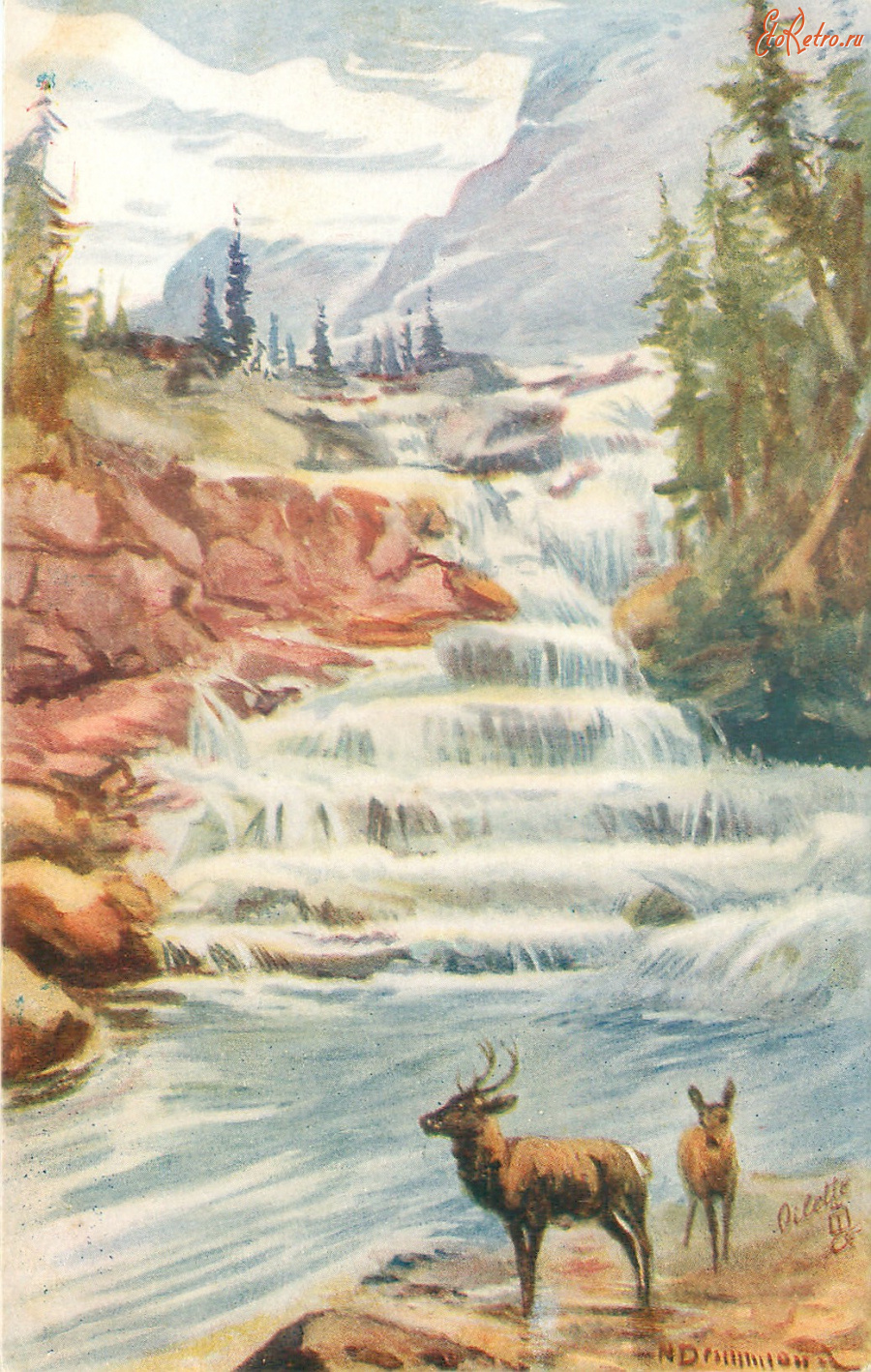 Ретро открытки - Нора Драммонд. Водопад Ступени Гранта в Парадайз-Вэлли, Альберта