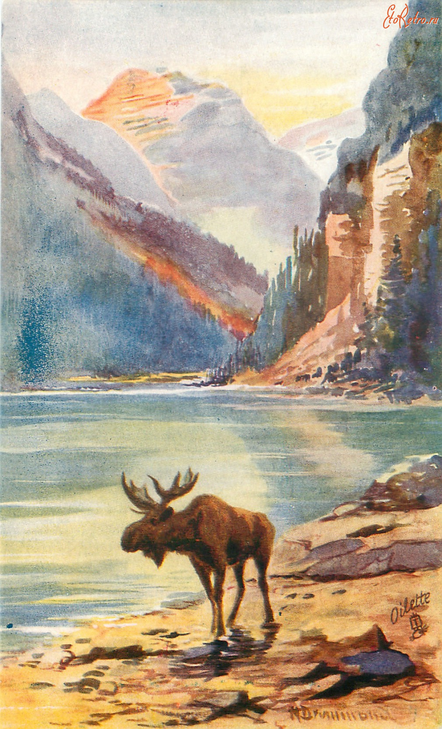 Ретро открытки - Нора Драммонд. Озеро Луиза и гора Лефрой в Альберте