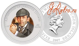 Старинные деньги (бумажные, монеты) - Новозеландская монета с портретом Шерлока Холмса (Василия Ливанова), 2 доллара