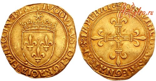 Старинные деньги (бумажные, монеты) - Экю с изображением солнца над короной, Людовик XII, 1498