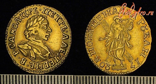 Старинные деньги (бумажные, монеты) - Золотые 2 рубли Петра Первого 1720