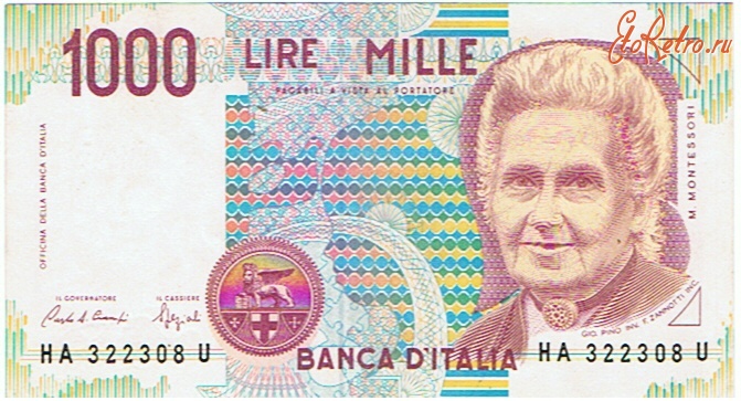 Старинные деньги (бумажные, монеты) - Деньги Италии 1000лир 1990г.